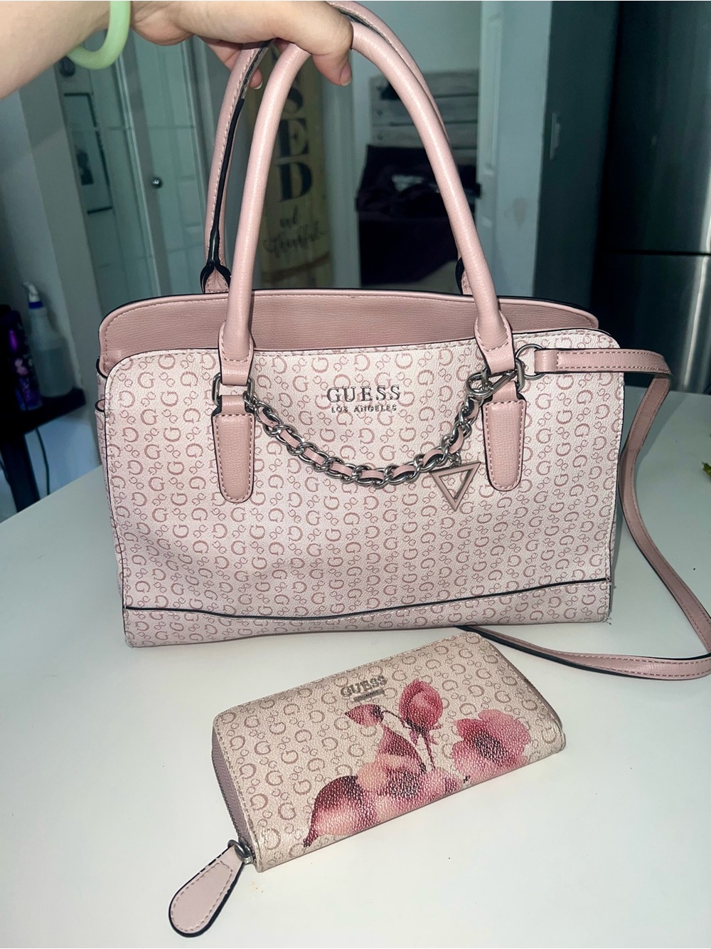GUESS Pink Logo Satchel with Chain Accent and Matching Wallet